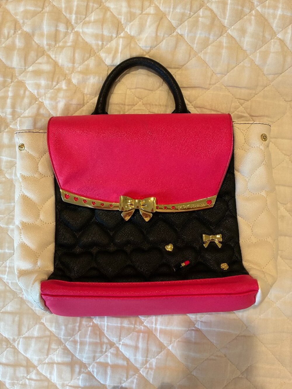 Betsey Johnson Pink Black Heart Quilted Mini Backpack Bow Y2K